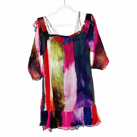 Anthropologie Floreat Dress Large Green Red Blue Watercolor Off Shoulder Flowy - Picture 12 of 16